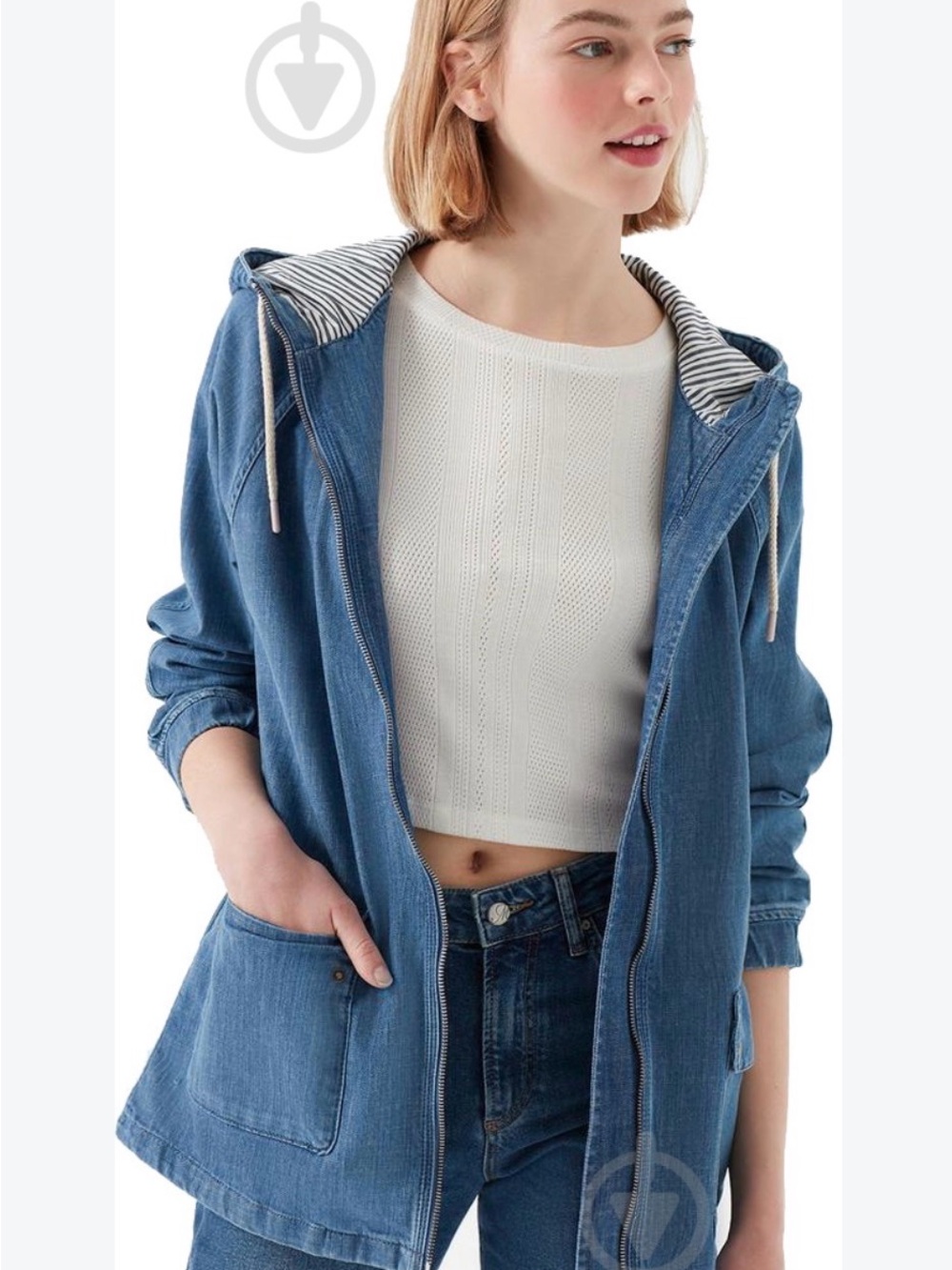 Mavi Striped-Lined Denim Hooded Jacket - Blue